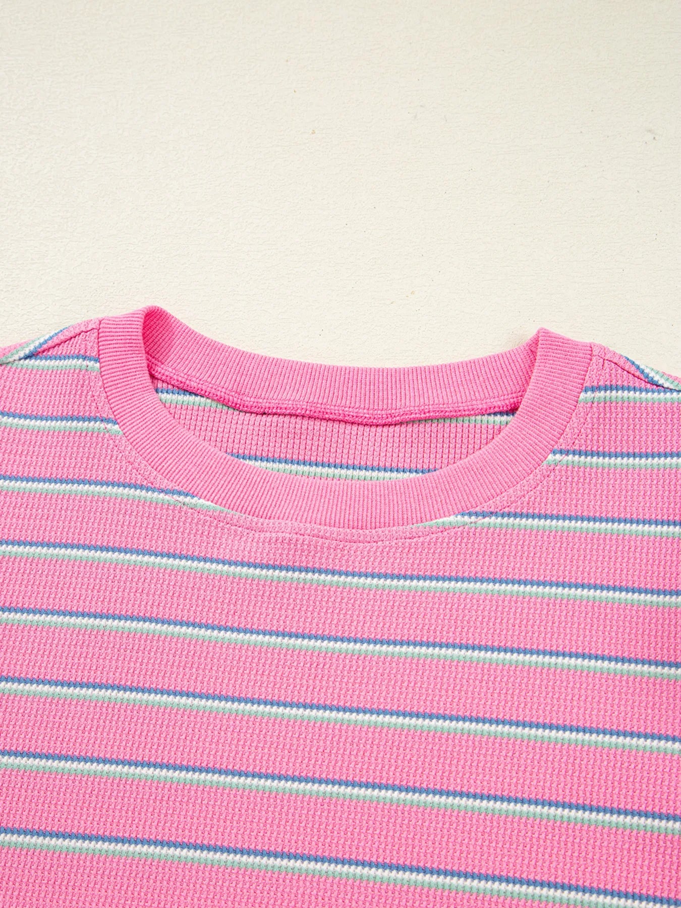 Sarah Express Women's Stripe Textured Knit Round Neck Puff Sleeve Top