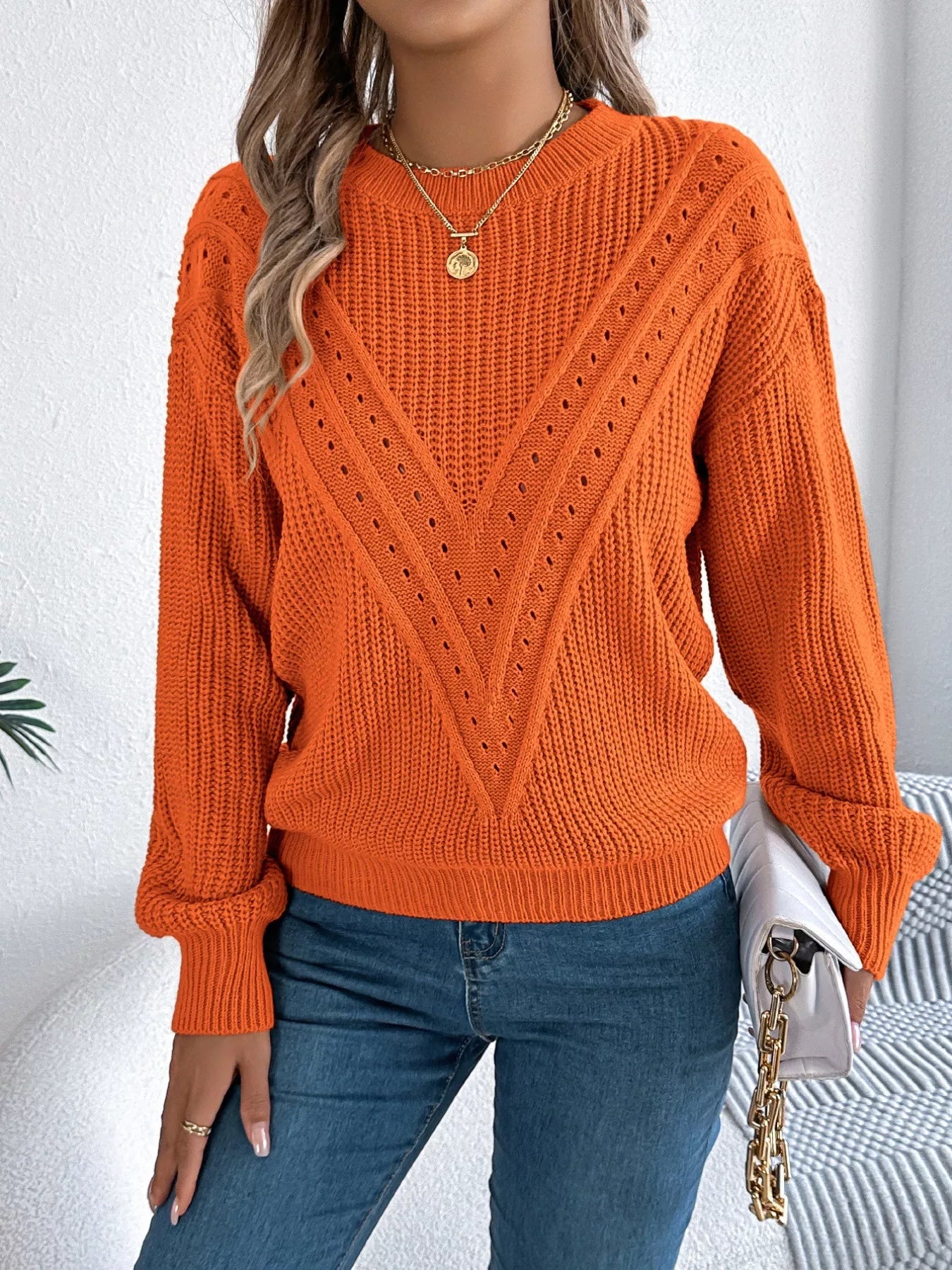 Sarah Express Women's Openwork Round Neck Sweater