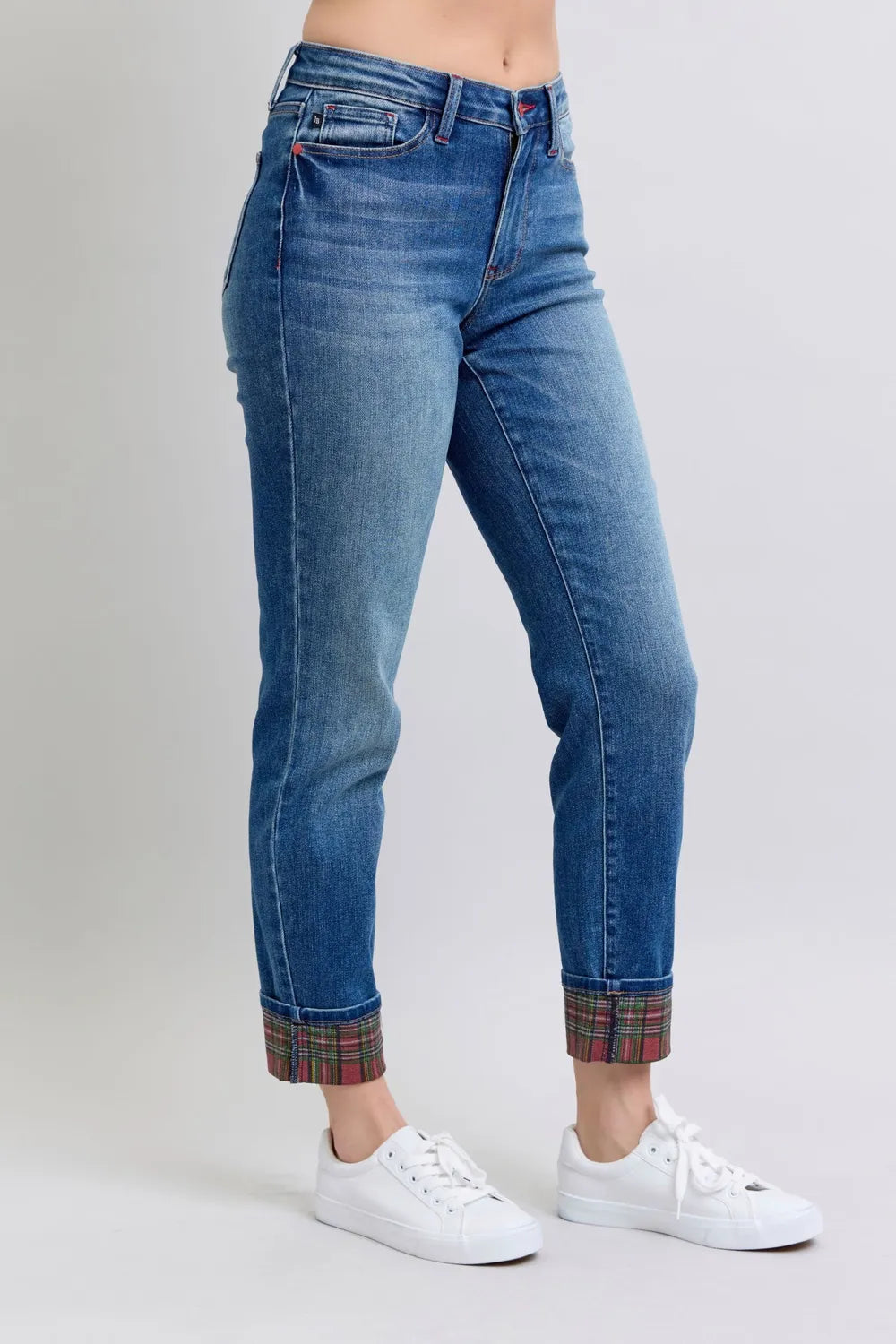 Sarah Express Women’s Plus Size Straight Leg Jeans with Plaid Cuff
