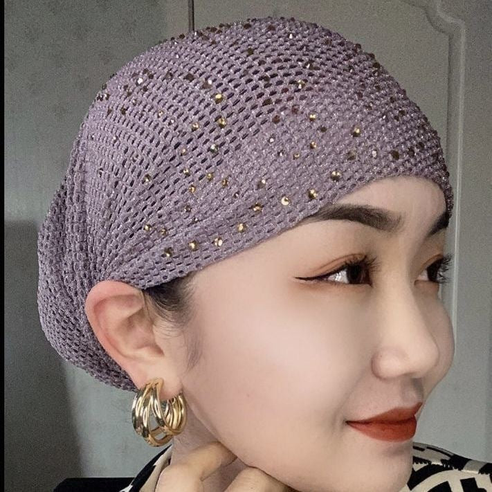 Embellished Toque Beanie Hat Rhinestone Lace Hollow-Out