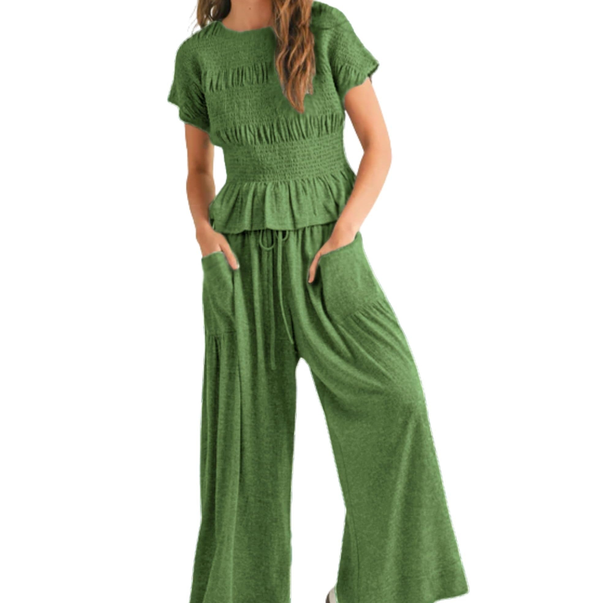 Pleated Top Wide Leg Pants 2-Piece Matching Set