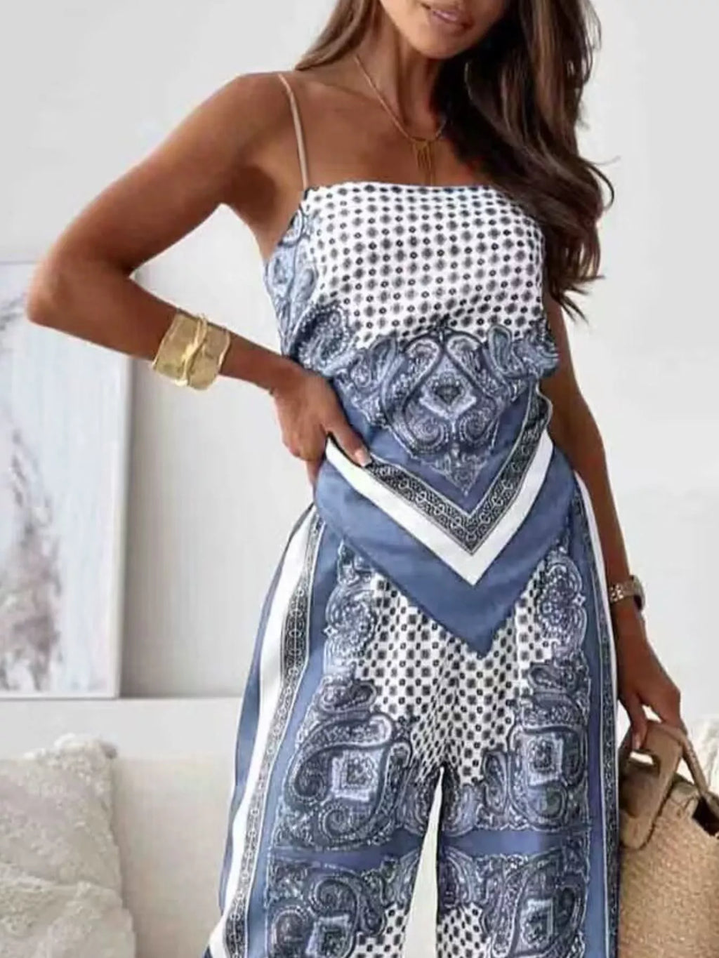 Sarah Express Women's Tie Back Printed Cami and Pants Set - Two Piece Outfit