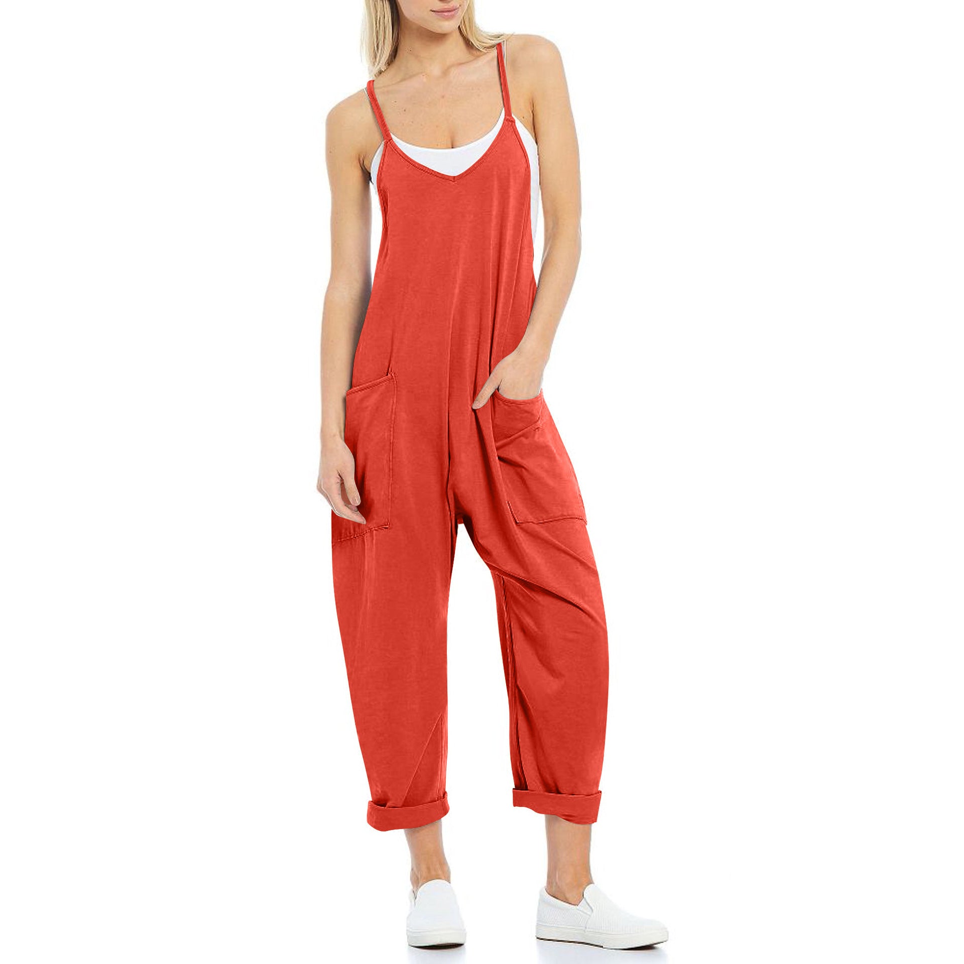 Women's Knitted Spaghetti Strap Jumpsuit - Loose Fit Wide Leg Overalls with Pockets
