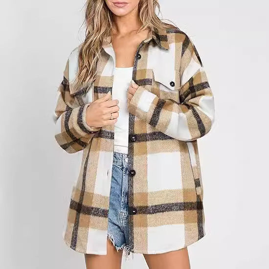 Women's Plaid Buckle Jacket - Loose Fit Long Sleeve Shacket Coat