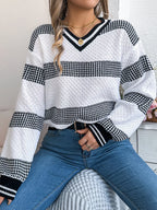 Sarah Express Women's Contrast Striped V-Neck Sweater White