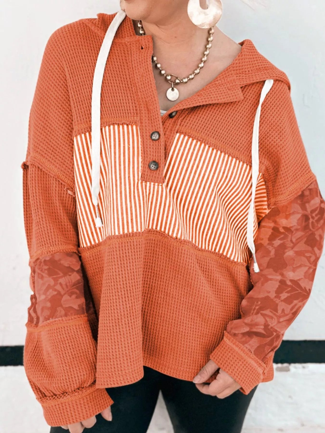 Sarah Express Women's Waffle Knit Color Block Striped Drawstring Hoodie