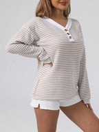 Sarah Express Women's Striped Button Detail Long Sleeve Ribbed Top