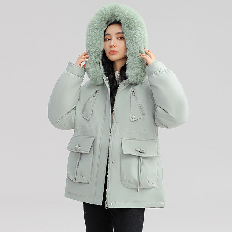 Women's Horn Button Parka Coat with Fur Collar Loose Fit Thick Winter Jacket