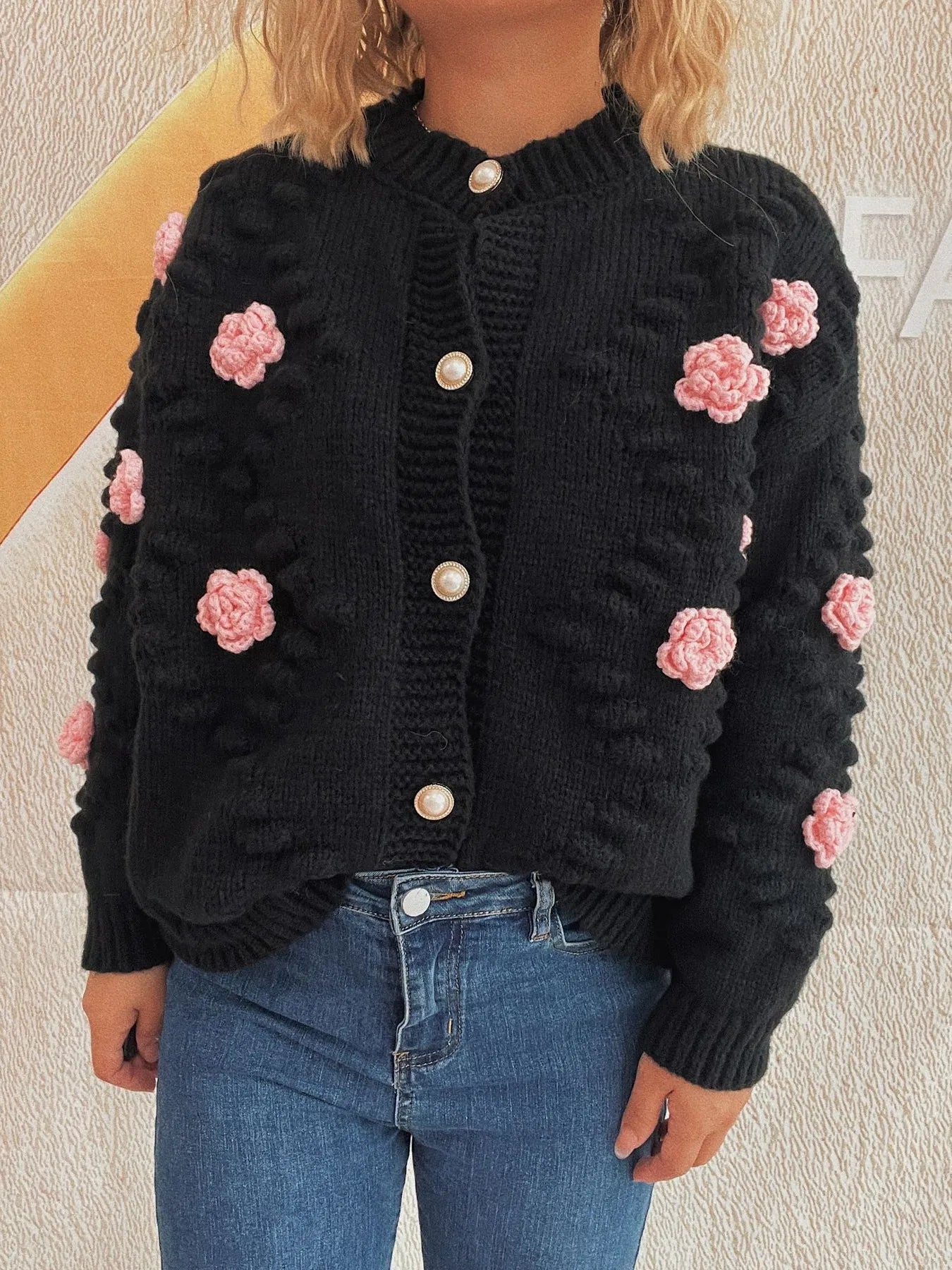 Sarah Express Women's Flower Button Up Long Sleeve Cardigan