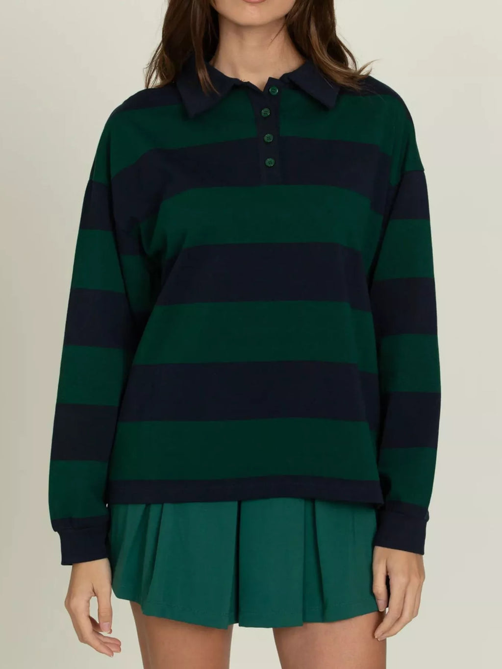 Sarah Express Women's Striped Polo Collar Sweatshirt with Button Details