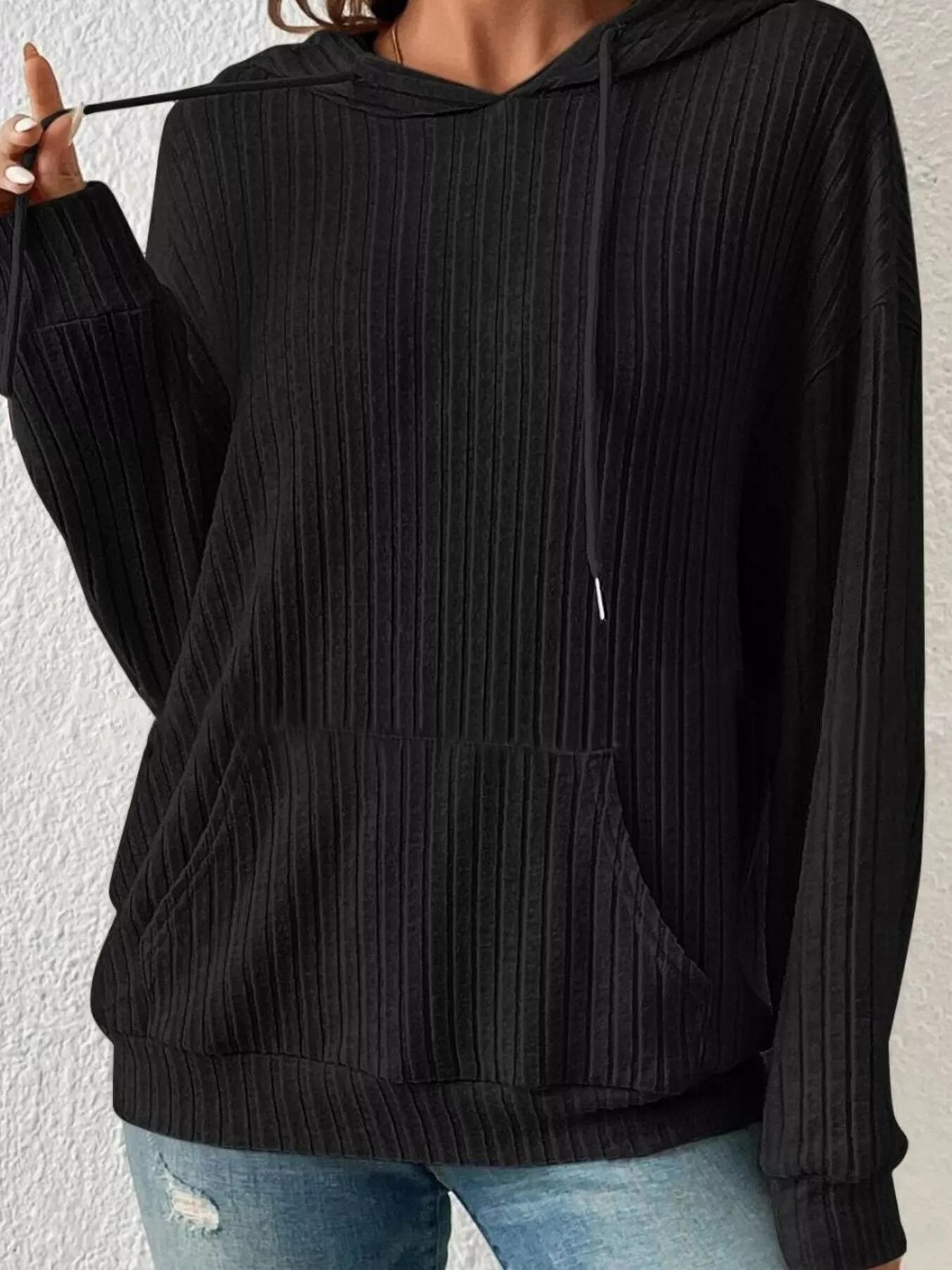 Sarah Express Women's Ribbed Knit Long Sleeve Drawstring Hoodie Black