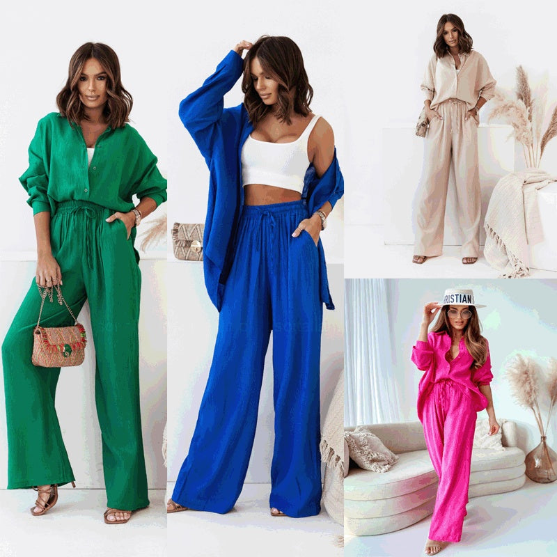 Women's Elegant Long Sleeve Blouse and Pants Two-Piece Professional Set