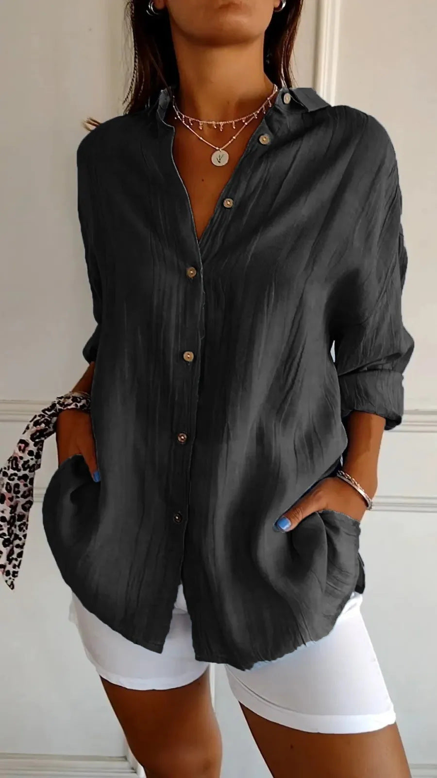 Women's Lapel Long Sleeve Pleated Button Front Shirt Blouse