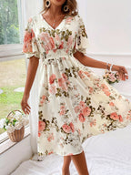 Women's Floral Print Smocked Waist Maxi Dress with Belt A-Line