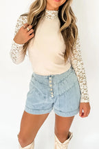 Sarah Express Women's Mock Neck Long Sleeve Lace Patchwork T-Shirt