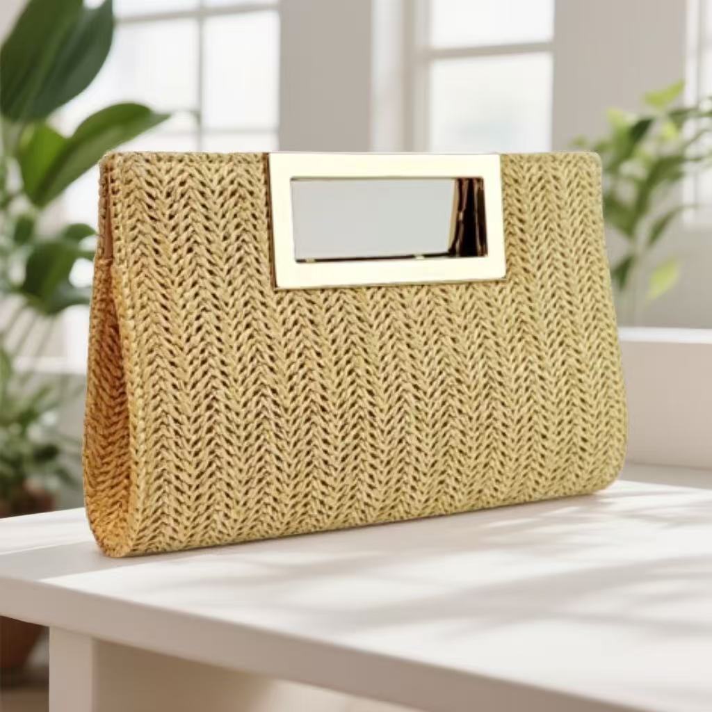 Sarah Express Women's Woven Chain Clutch Bag - Elegant Evening Handbag with Metal Accents Ginger Yellow