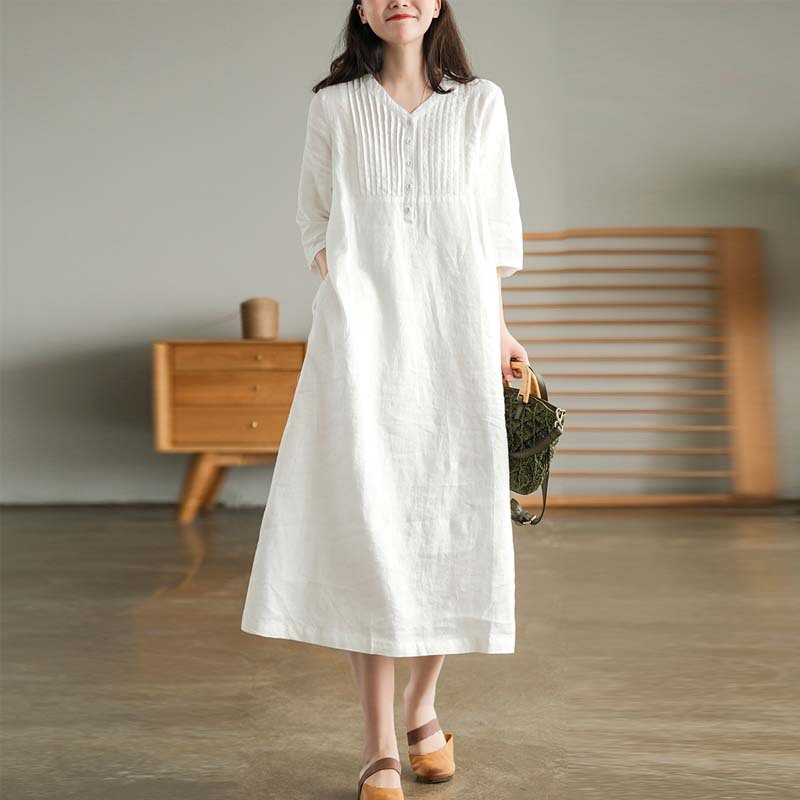 Cotton Linen V-Neck Midi Dress A-Line Retro