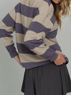 Sarah Express Women's Striped Polo Collar Sweatshirt with Button Details