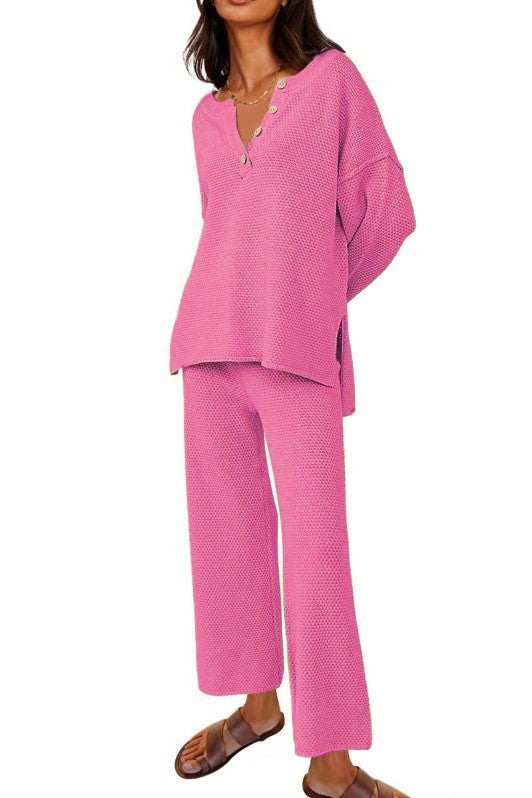 Sarah Express Women's Two-Piece Leisure Set Long Sleeve Top and Pants Casual Suit Rose Red