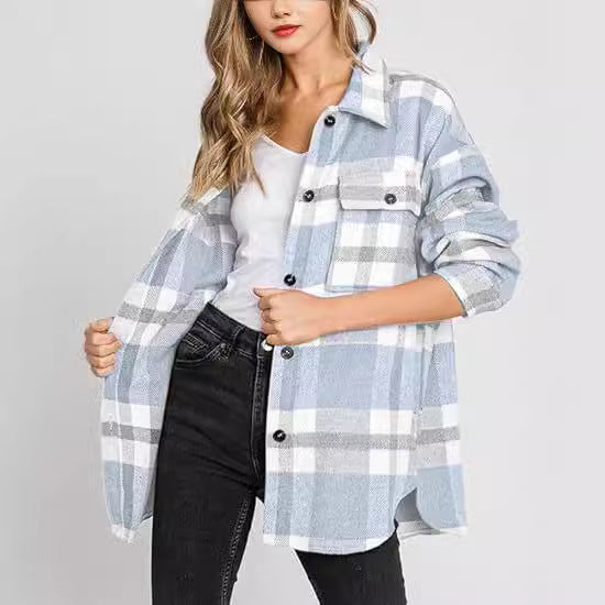 Women's Plaid Buckle Jacket - Loose Fit Long Sleeve Shacket Coat
