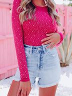 Sarah Express Women's Rhinestone Round Neck Long Sleeve Bodysuit