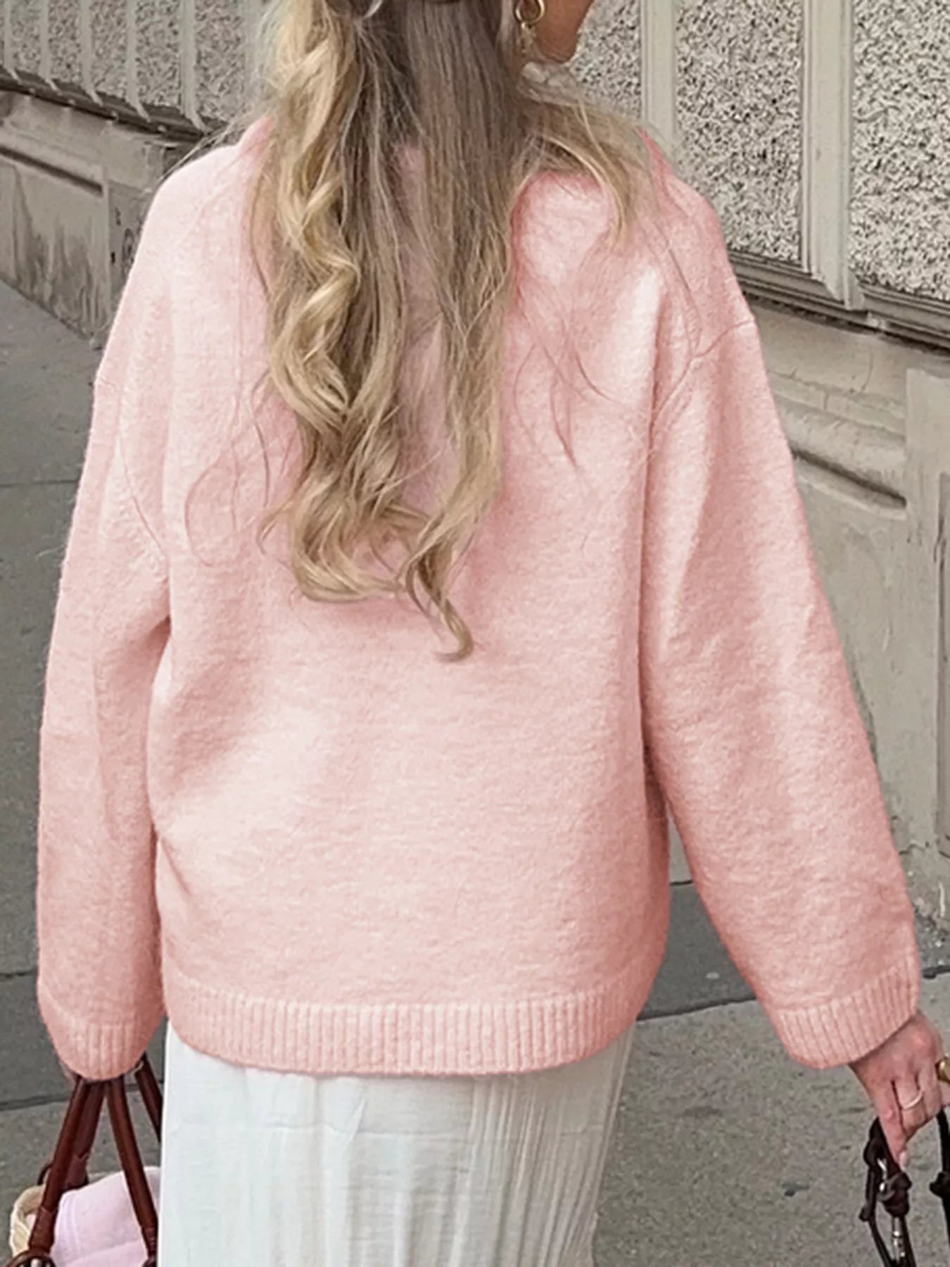 Sarah Express Women's Ribbed Round Neck Dropped Shoulder Sweater