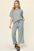 Sarah Express Women's Textured Round Neck T-Shirt and Wide Leg Pants Set