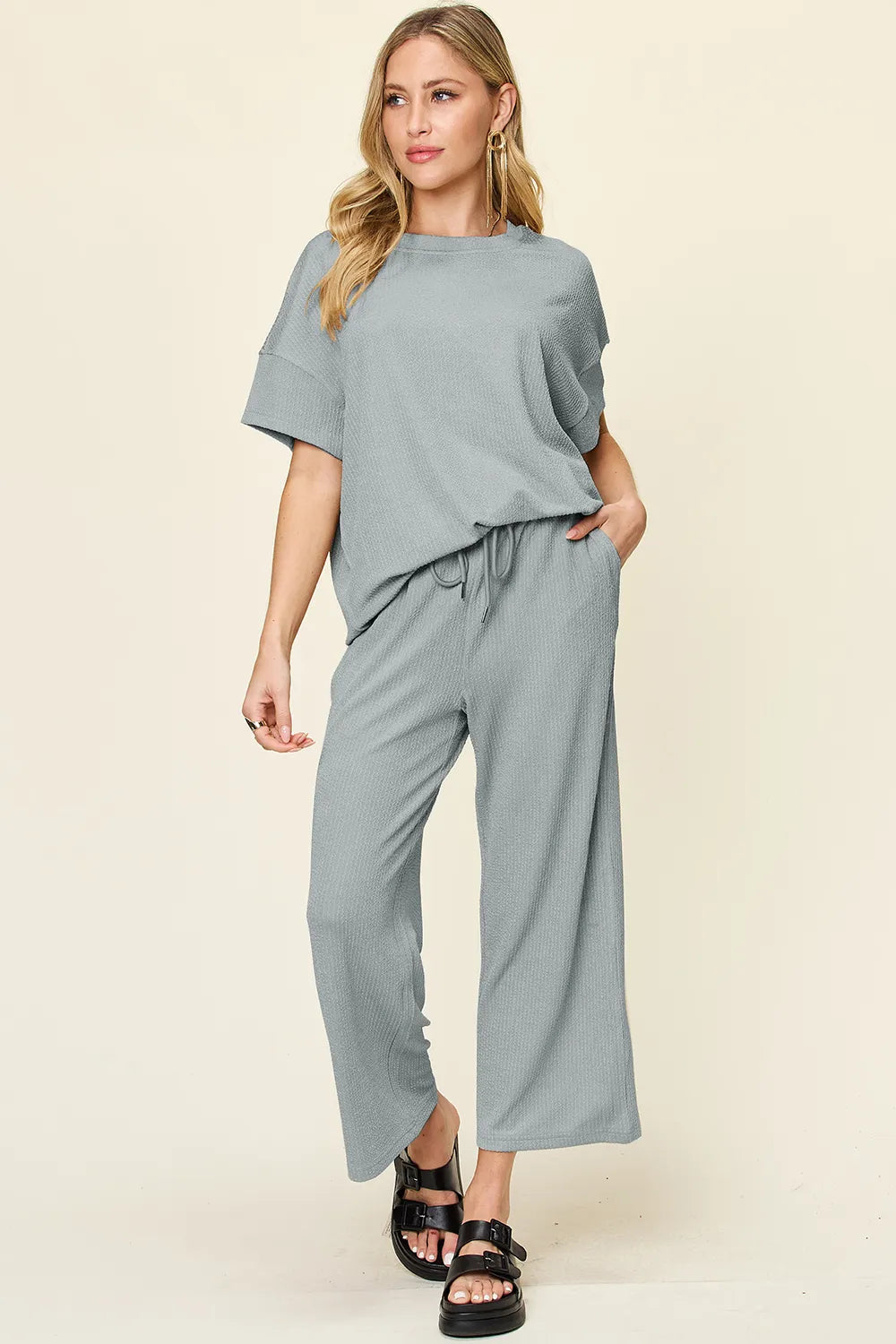 Sarah Express Women's Textured Round Neck T-Shirt and Wide Leg Pants Set