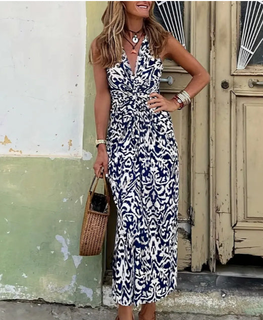 V-Neck Bohemian Floral Print Jumpsuit Blue One Piece
