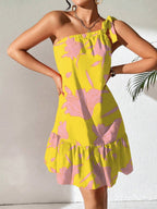 Floral Print One Shoulder Dress Ruffle Hem Sleeveless Midi Length