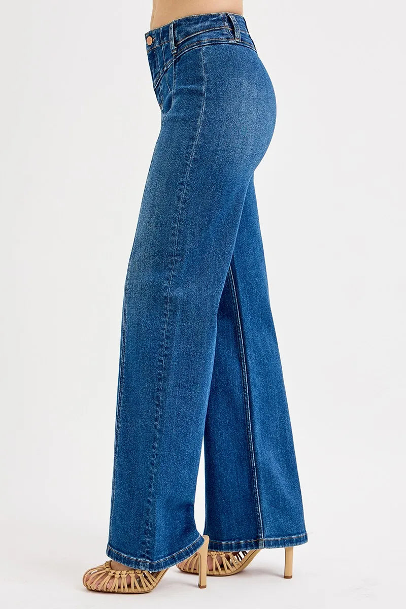 Sarah Express Women’s High Rise Wide Leg Jeans with Front Seam Detail
