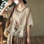 Retro Embroidered Cotton Pullover Top Round Neck
