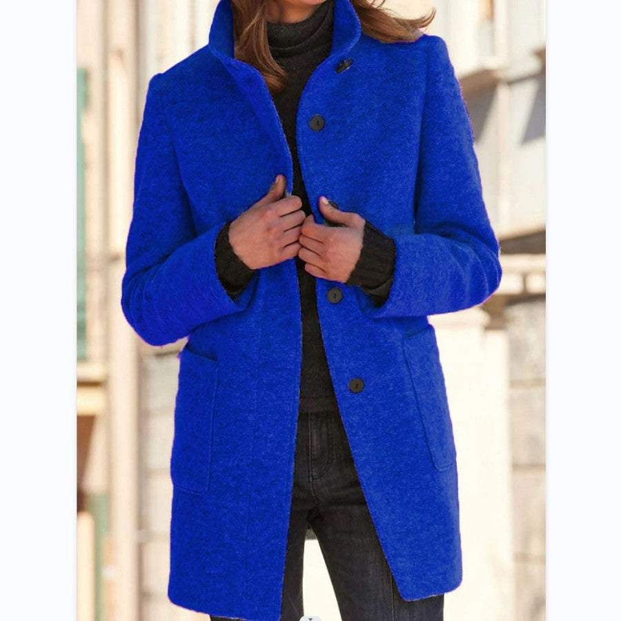 Women's Stand Collar Woolen Coat Button Front Outerwear
