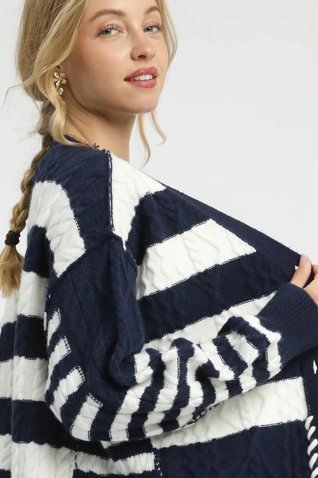 Sarah Express Women’s Stripe Cable-Knit Button-Up Cardigan Casual Fall Winter