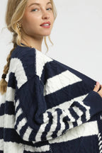 Sarah Express Women’s Stripe Cable-Knit Button-Up Cardigan Casual Fall Winter