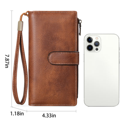 Sarah Express Women's Vintage Tri-Fold Wallet with RFID Protection - Oil Wax Leather Long Purse