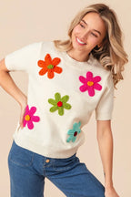 Sarah Express Women’s Short Sleeve Sweater with Crochet Flower Patches
