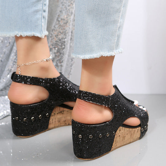 Sarah Express Women's Sequin Chunky Wedge Sandals | Velcro Open-Toe Platform Shoes