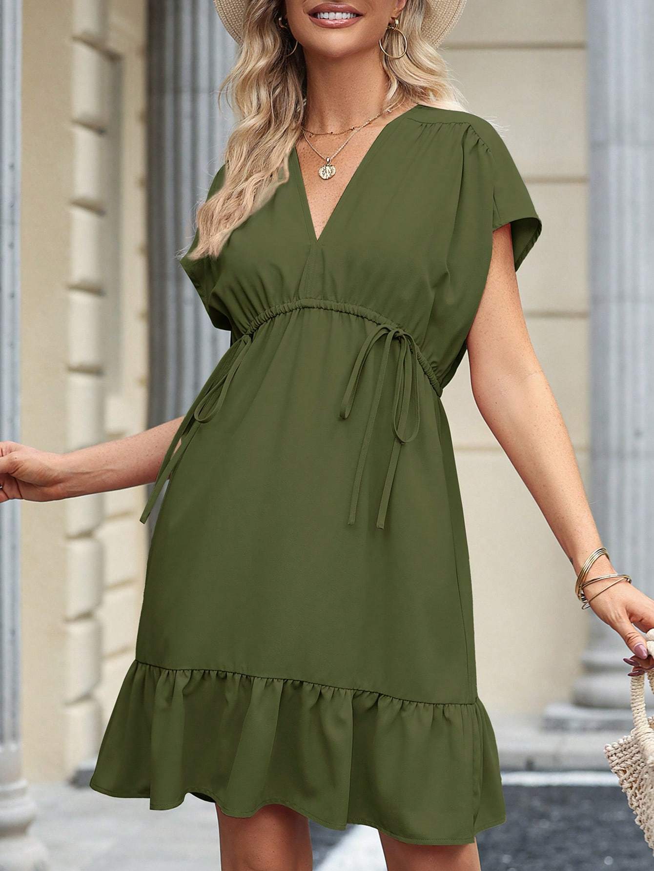 Women's V-Neck Short Sleeve Drawstring Ruffle Babydoll Dress