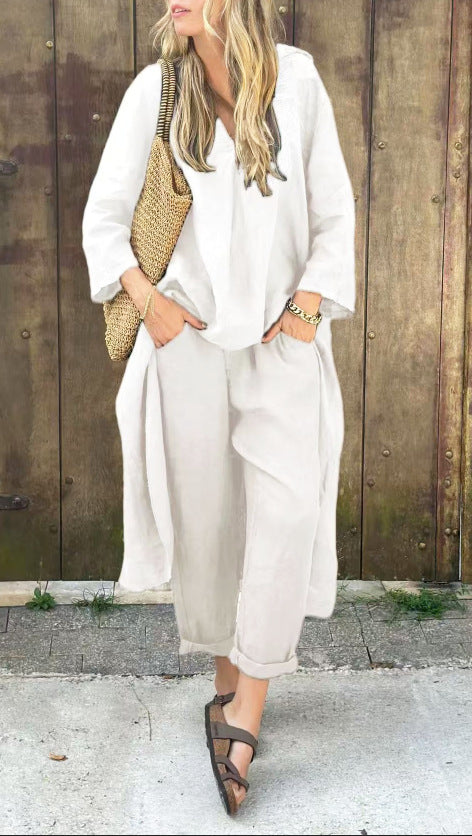 Two Piece Outfit V-Neck Tunic Top Wide Leg Pants Set Women's