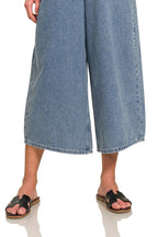 Sarah Express Women's Wide Leg Denim Overalls - Medium Wash Cotton for Casual & Weekend