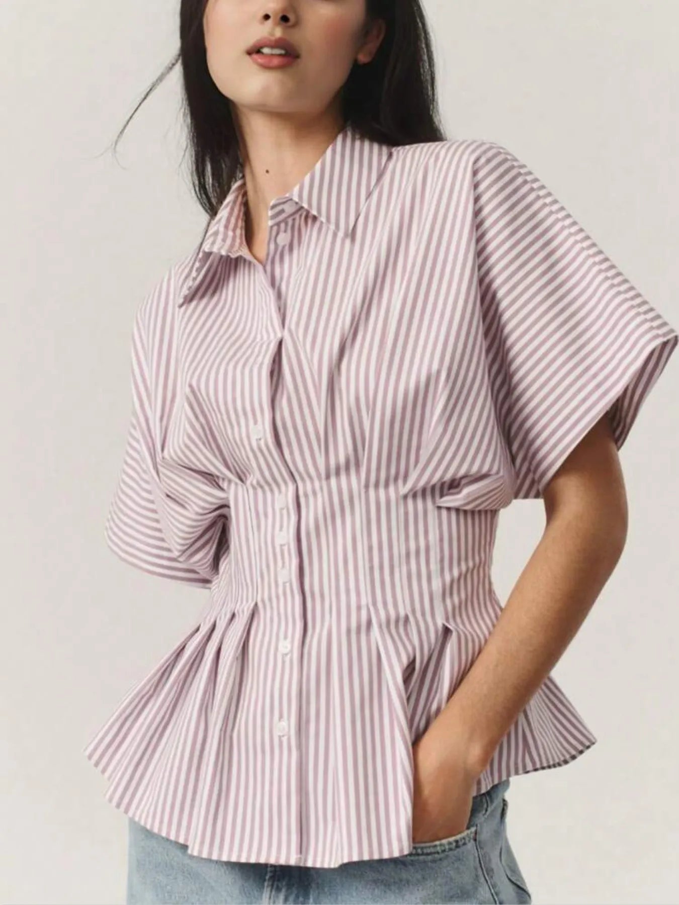 Sarah Express Women's Striped Short Sleeve Button-Up Shirt Blush Pink