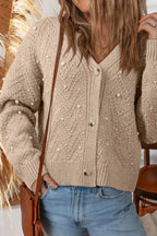 Sarah Express Women's Pearl Embellished Button Front V Neck Sweater Cardigan