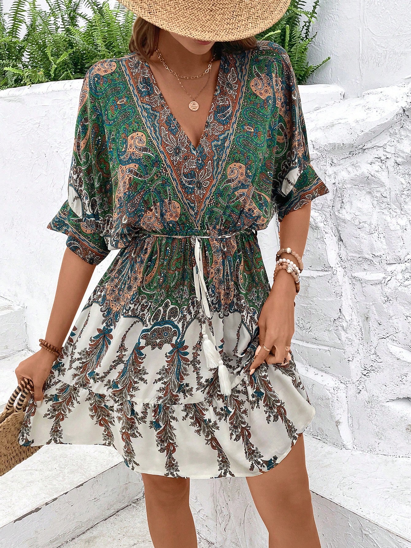 Women's Paisley Print Batwing Sleeve Ruffle Hem Dress Tassel Tie Front