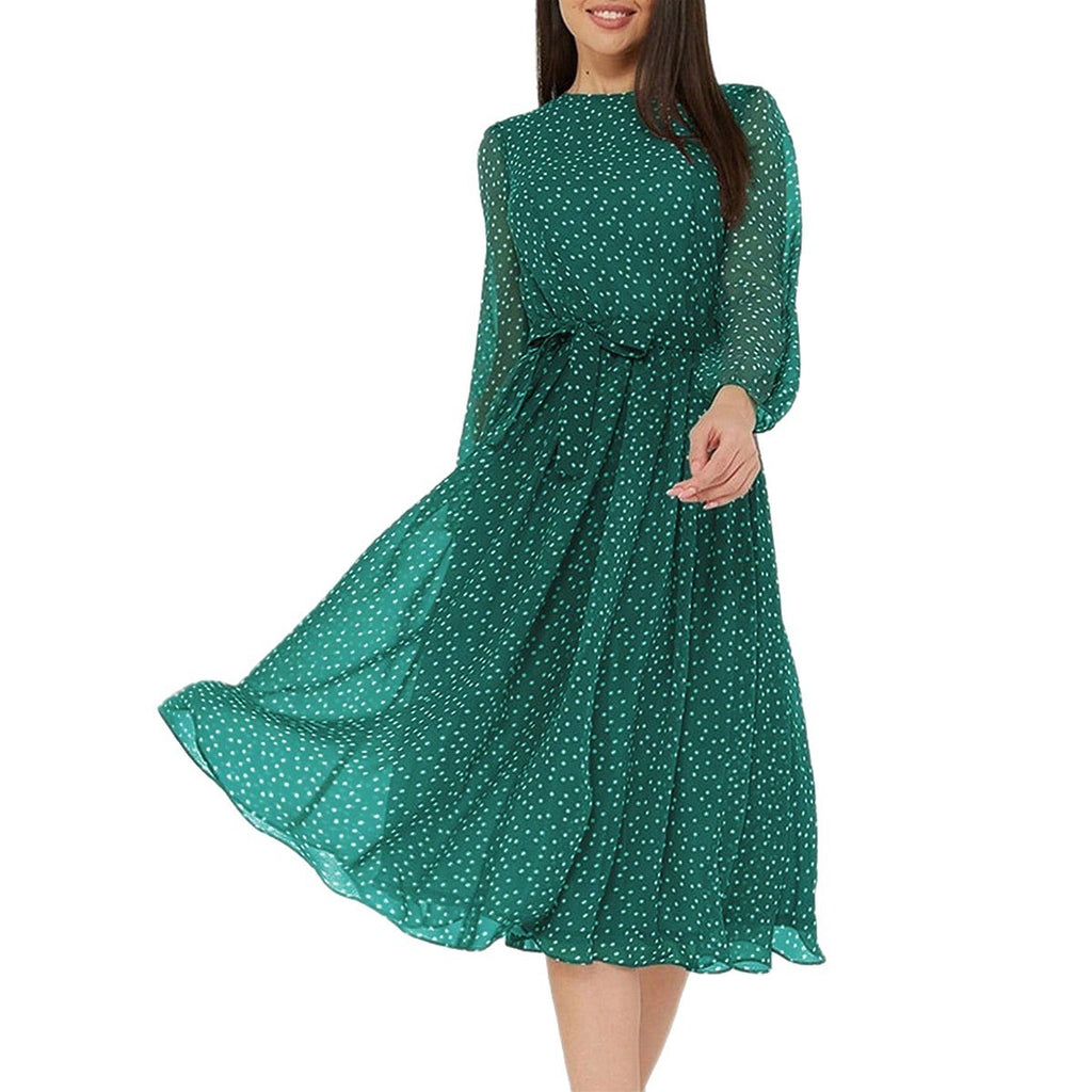 Women's Polka Dot Maxi Dress Long Puff Sleeve High Waist A-Line