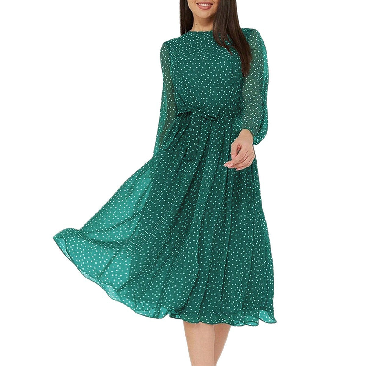 Women's Polka Dot Maxi Dress Long Puff Sleeve High Waist A-Line