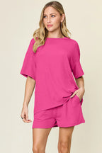 Sarah Express Women's Round Neck Solid Two-Piece Set - Basic Style Loungewear Hot Pink