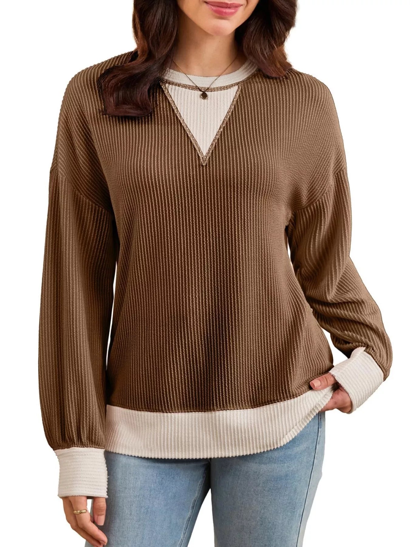 Sarah Express Women's Two-Tone Ribbed Knit Sweatshirt Brown
