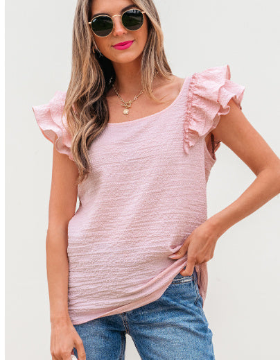 Textured Bow Knot Butterfly Sleeve Blouse Women's Frilled Top