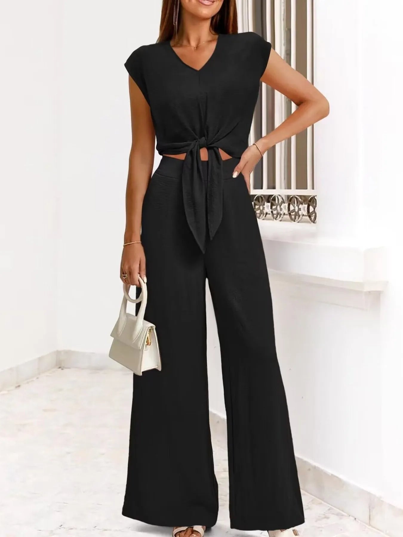 Sarah Express Women's Tie Front Top and Wide Leg Pants Set Black